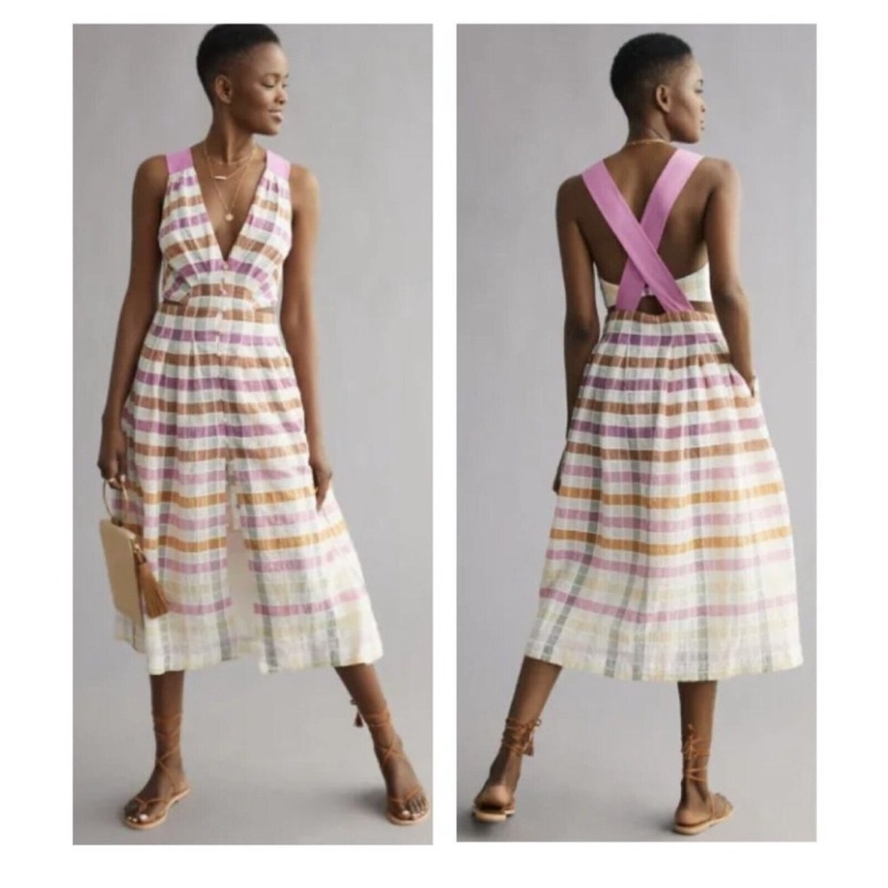 Anthropologie Maeve Pink Combo Checkerboard Button Midi Dress Size 10 NWT